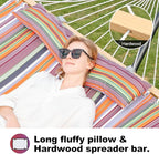 2 Person 12FT Hammocks for Outside, Double Quilted Fabric Outdoor Hammock with Spreader Bar, Large Removable Pillow, Storage Pockets, Carabiners, Max 475 lbs Capacity (Sunset Red Stripe)