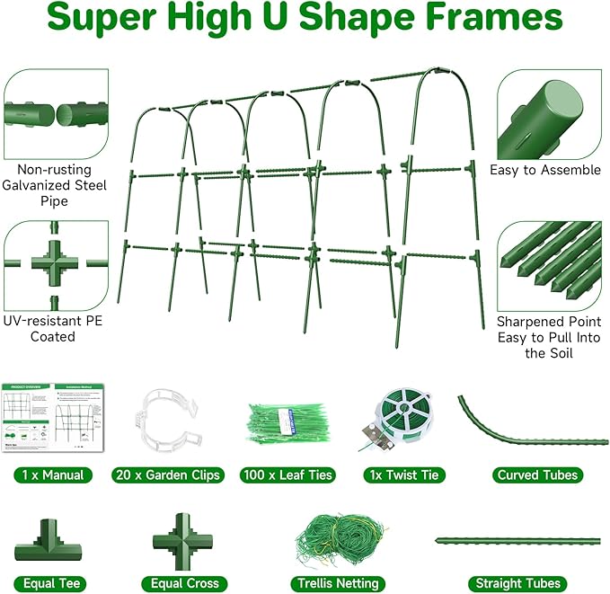 Cucumber Trellis for Raised Bed, U-Shape Garden Trellis for Climbing Plants Outdoor, Metal Arch Trellis for Vegetables, Plant Support for Tomato, Pea, Zucchini(63" L×30" W×47.2" H-Large)