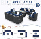 NICESOUL 9 Piece Large Outdoor Patio Furniture Set with Fire Pit Table Gas/Propane, 29.3'' High Back Rattan Modular Sectional Sofa, Extra Wide Conversations for Backyard, 2 Color Cushion Navy & Gray