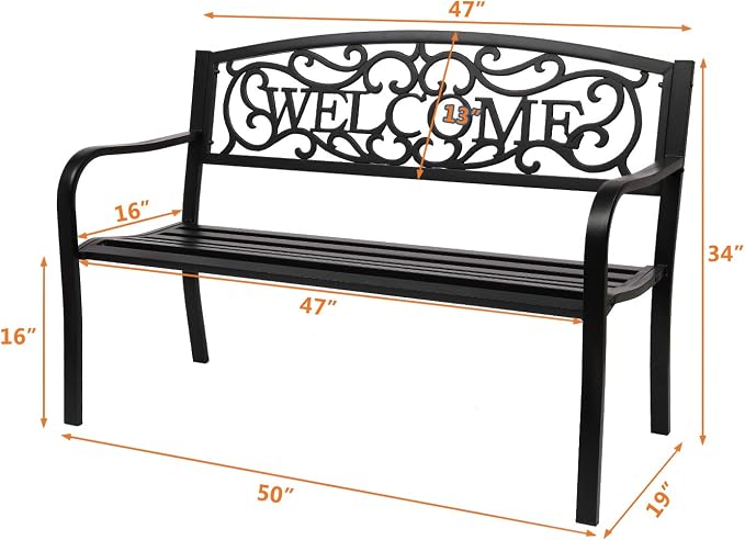 Garden Bench, 50-Inch Black Metal Patio Bench with Plastic Backrest