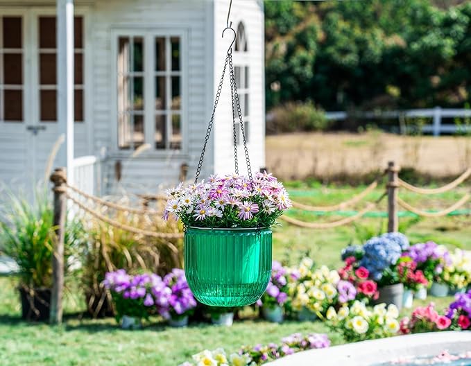 Melphoe Self Watering Hanging Planters for Indoor Plants, 1 Pack 8.3 Inch Outdoor Hanging Plant Pot Basket, 2 Kinds of Hangers Macrame 35.5’’ & Metal Chain 19.6’’ for Garden Home Decor