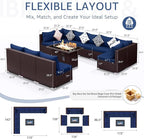 NICESOUL Modern Outdoor Patio Sectional Sofa Set with Firepit Natural Gas/Propane, 29.3'' High Back Wicker Conversation Set, 10 Seats Large Deep Seating Furniture, Brown Rattan and Navy Blue Cushion