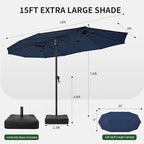 OLILAWN Patio Table Umbrella, 15ft Large Deck Umbrella with Base Included, Outdoor Double-Sided Rectangle Market Umbrella with Aluminium Crank, 12 Sturdy Ribs, for Deck Porch Garden,Dark Blue