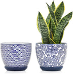 Selamica Ceramica Plant Pots, 6.5 Inch Flower Pots Set of 2 with Drainage Holes & Saucer, Planters for Indoor Plants, Home Decor, Vintage Blue