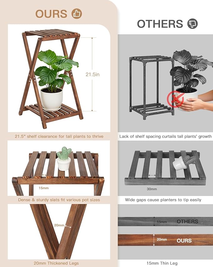 Tall Plant Stand Indoor, Wooden 2 Tier Plant Shelf for Multiple Plants,Corner Square Plant Display Rack,65in Flower Potted Stand for Living Room Balcony Bedroom Office