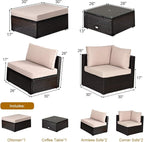 Tangkula 6 Piece Patio Furniture Set, Outdoor Deck Lawn Backyard Durable Steel Frame PE Rattan Wicker Sectional Sofa Set, Conversation Set with Coffee Table (Beige)