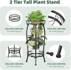 Simple Trending Plant Stand Indoor Outdoor, Tall Round Plant Shelf, 2 Tiers Metal Flower Pot Holder Stand Heavy Duty, for Garden, Balcony, Black