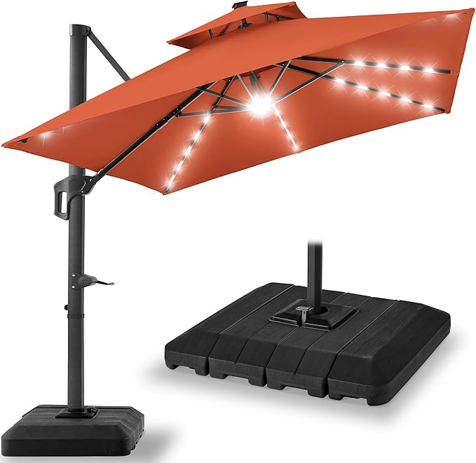 Best Choice Products 10x10ft Cantilever Patio Umbrella w/Base Included, Solar LED Lights 360 Rotation Large Offset Hanging Outdoor Shade for Deck Pool Backyard w/Stand – Rust