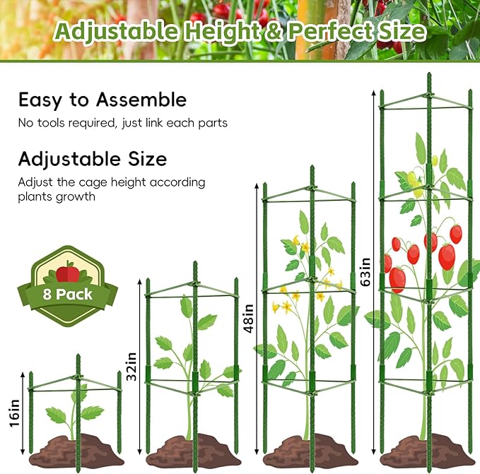 Riare 8 Pack 4 FT Tomato Cages for Garden- 48inches Heavy Duty Garden Stakes, Adjustable Tall Tomato Plant Support Tomato Trellis Cage for Pots, Raised Garden Bed, Climbing Vegetables Plants Flowers