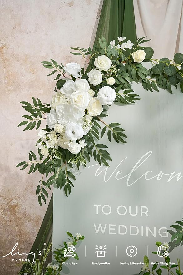 Artificial Wedding Arch Flowers, 4-Piece Silk Floral Set in White & Sage