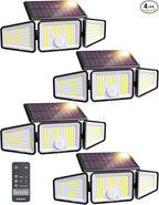 Ensenior Solar Lights Outdoor Motion Sensor, 2600LM 220 LED High Brightness, 3 Head 270° Wide Angle Flood Lights, Remote Control Security Lights 4 Modes, IP65 Waterproof Wireless Wall Light, 4 Pack