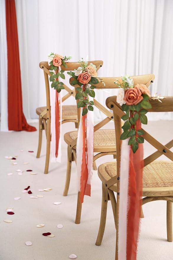 Artificial Flower Chair Decor Set of 10 with Terracotta Roses and Ribbon