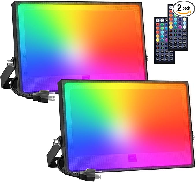 Onforu 2 Pack LED RGBW Flood Lights Outdoor 70W, 2700K Warm White Dimmable Million Color Changing Floodlight Waterproof with Remote, DIY Stage Lights Uplighting Indoor for Party