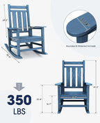 KINGYES Oversized Outdoor Rocking Chair Set of 2, All-Weather Patio Rocking Chairs for Porch, HDPE Outdoor Patio Rockers with High Back & Wide Seat for Garden, Lawn, Blue