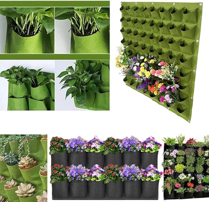 Hanging Planting Grow Bags, 64 Pockets Hanging Vertical Wall Planter Wall Mounted Grow Bag Outdoor Indoor Gardening Vertical Greening Flower Container, Planting Bags Storage Bags(1.0 m × 1.0 m, Green)