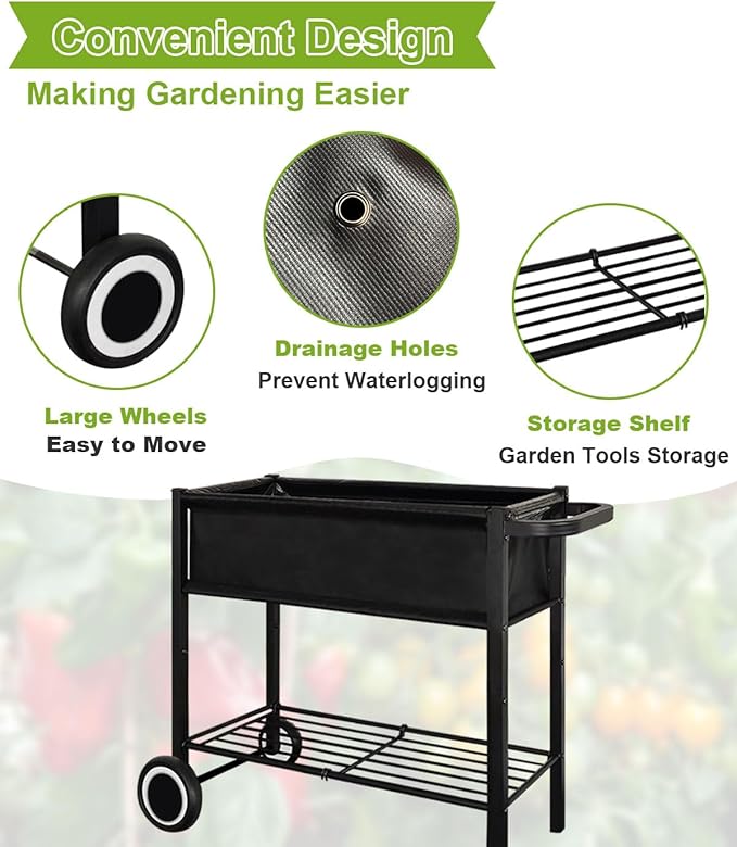Raised Garden Bed with Legs for Outdoor Plants, Standing Elevated Planter Box Cart on Wheels for Vegetables Flower Herb Patio, Black