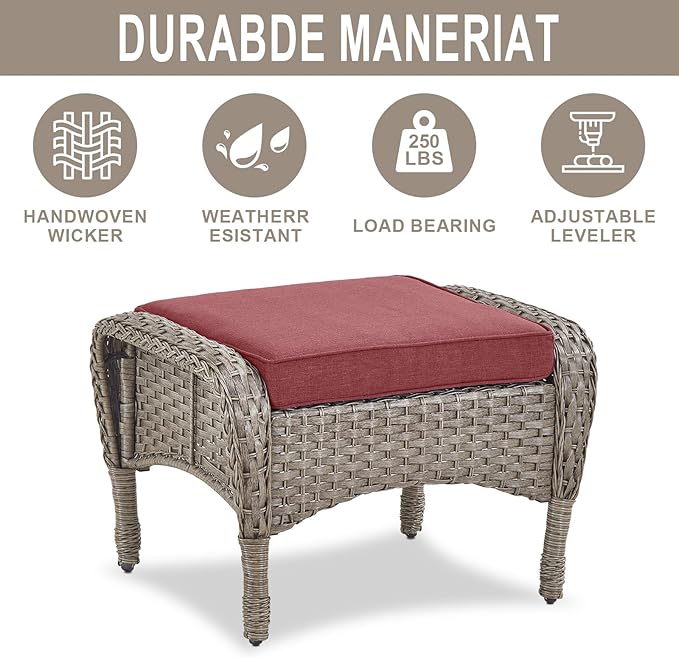 Belord Outdoor Ottomans for Patio Foot Rest - 25 Inch PE Wicker Foot Stool Set of 2 with Removable Cushions for Patio Furniture Sets,All Weather Rattan Ottoman for Balcony Deck Backyard Brown