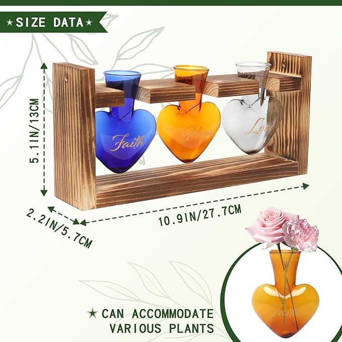 Terrarium Set with Heart Shaped Glass Vases and Wood Stand, 3 Pieces