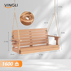 VINGLI Heavy Duty 1600 LBS HDPE Porch Swing Outdoor with Rotatable Cup Holder, 4 FT Patio Bench Swing with Adjustable Chains, 2 Person Hanging Porch Swing Chair for Porch, Yard, Tree, Garden - Teak
