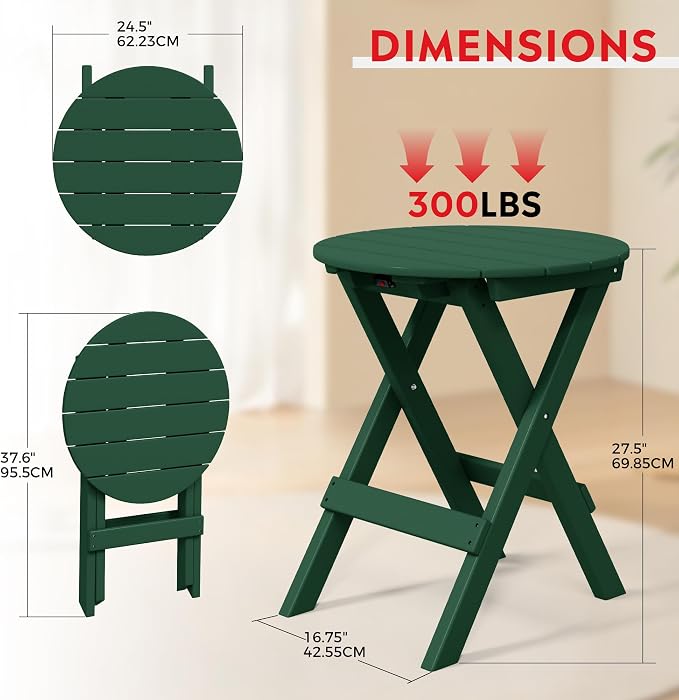 Dining Table, 24.5 Inch Folding HDPE Outdoor Patio Table in Dark Green