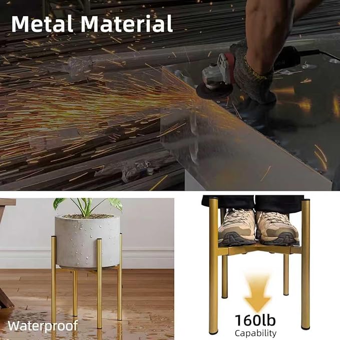Adjustable Metal Plant Stand Indoor, Mid Century Modern Outdoor Planter Holder for 8 to 14 Inch Pots, Heavy Duty 160 LB Load, Corner Floor Stand for Home Garden Decor Golden