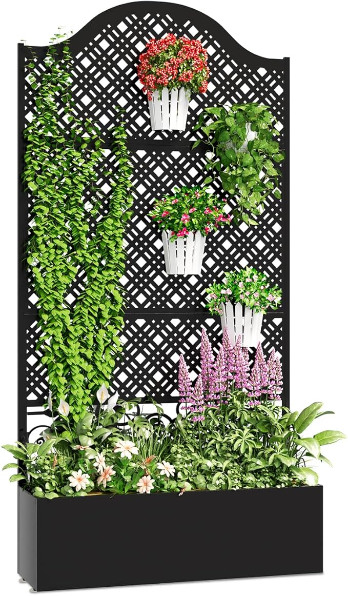 Metal Raised Garden Bed with Trellis & Privacy Screen - 83"x40"x11.8" Freestanding Planter Box for Patio Balcony, Modern Planter with Drainage Holes for Climbing Plants, Flowers & Vegetable