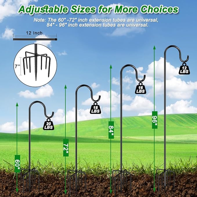 84" Shepherds Hooks for Outdoor, Heavy Duty Garden Bird Feeder Pole Hanging Bird Feeder, Solar Light Lanterns, Outdoor Plant Hanger Hook with 7 Base Prongs, 2 Packs