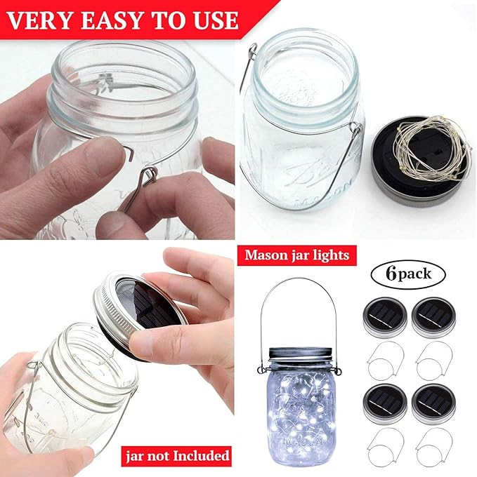 Solar Mason Jar Lid String Lights, 6 Pack, 30 LED Cool White