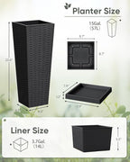 Greesum Set of 2 Tall Plastic Planters with Saucer, 24 Inch Large Pots with Drainage Trays, Weather-Resistant Plastic Plant Containers for Patio, Porch, Garden,Black