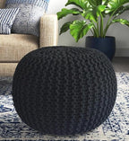FRELISH DECOR Round Pouf Ottoman Hand Knitted 100% Cotton Pouf Foot Stool - Knitted Bean Bag - Floor Chair for Living Room Bedroom - Foot Rest for Couch (20 Diameter x 14 Height) - Black