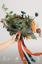 Artificial Bridal Bouquet with Pearls, Teal and Orange Silk Flowers