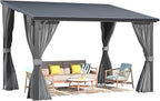 AECOJOY 12'x8' Outdoor Hardtop Gazebo Pergola with Curtains and Netting for Patio, Large 8x12 Steel Heavy Duty Lean to Wall-Mounted Pergolas and Grill Gazebos Clearance, Metal Roof Awnings for Decks