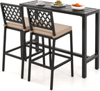 COSTWAY 3 Piece Outdoor Bar Table and Chairs Set, 48" Pub Height Bar Table & 2 Cushioned Bar Stools with Rhombus Backrest, Metal Patio Bar Table Set for Balcony, Backyard, Porch, Pool