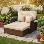 Tangkula Patio Rattan Daybed with 4-Level Adjustable Backrest, Outdoor PE Wicker Loveseat with Storage Ottoman & Folding Side Tray, Double Sunbed Lounger for Balcony, Backyard & Poolside