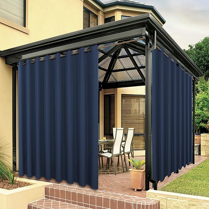 BONZER Wide Waterproof Outdoor Curtains for Patio Heavy Privacy Light Filtering Grommet Outside Curtains for Porch, Pergola, Gazebo, 1 Panel, 110W x 84L inch, Navy