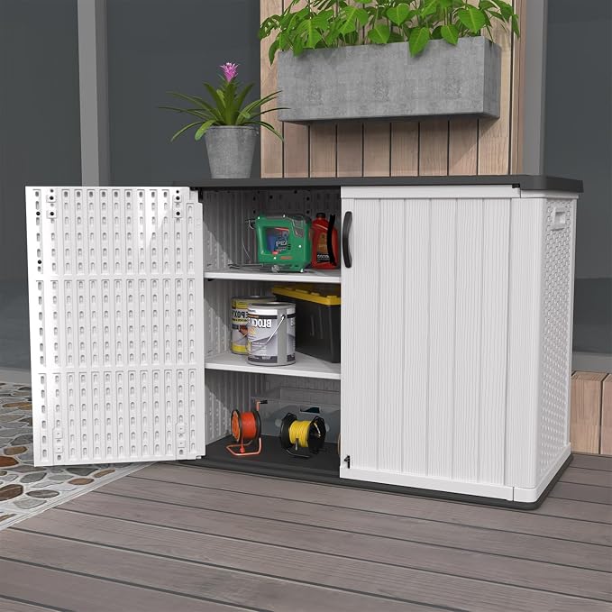 Storage Shed, 26 Cu.ft Lockable Plastic Outdoor Cabinet, White