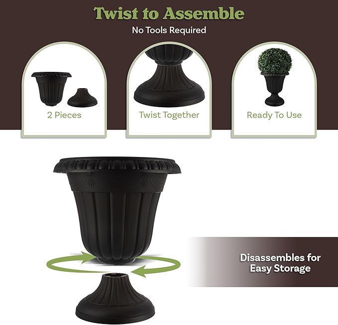 Outdoor Planter 2-Pack - 16x18-Inch Urn Planters - Plastic Plant Pots for Indoor, Outdoor, or Front Porch Decor - Flower Pots by Pure Garden (Black)