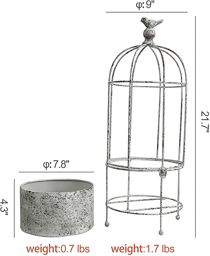 Planter: White Metal Birdcage Design, Rustic Style, 21.7 Inches Tall