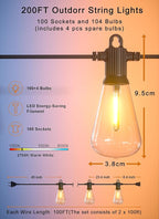 String Lights 200 FT Edison-Style, 100 Shatterproof Bulbs, IP65 Waterproof