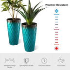 Glitzhome 23.75" H Oversized Tall Planter, Set of 2 Wavy Texture Turquoise Large Planters for Outdoor Plants, with Drainage Hole, Plastic Large Flower Pots for Porch,Garden, Patio or Indoor Use