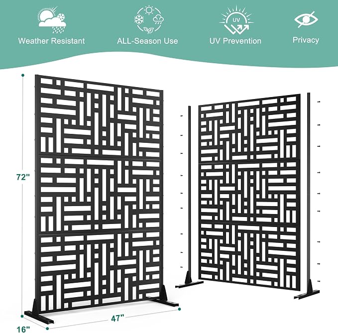Decorative Fences Metal Privacy Screen, Black Floral, 72 x 47 Inch