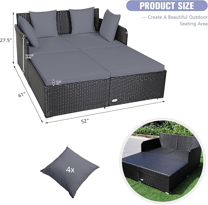 RELAX4LIFE Rattan Patio Outdoor Daybed, Wicker 2-Person Sunbed Loveseat with Soft Cushions, 4 Pillows, Curved Backrest & Armrest, Double Bed Lounger Sofa Set for Balcony Porch, Patio Bed (Grey)