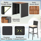 RELAX4LIFE 5-Piece Outdoor Bar Set - Wicker Rattan Bar Height Dining Table w/Acacia Wood Top & 4 Bar Stools Chairs w/Seat Cushions, Backrest, Footrest, Outside Patio Bistro Set for Backyard (47.5'')