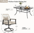 Patio Dining Set 7 Piece, 6 x Woven Rattan Swivel Chairs with Waterproof Cushion, 59" Rectangular Metal Dining Table with Umbrella Hole, Outdoor Table and Chairs Set for Backyard Lawn and Deck, Beige