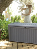 Keter Outdoor Storage Deck Box for Patio, Backyard & Garden, Borneo, 110 Gal, Grey - Lockable, Organizing, and Waterproof Plastic Container Bench