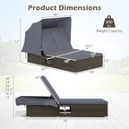 RELAX4LIFE Outdoor Rattan Daybed w/Canopy - Wicker Double Chaise Lounge w/6-Position Backrest, Folding Side Trays & Cushion, 2-Seater Loveseat Sunbed for Backyard, Patio Rattan Bed Lounger (Gray)