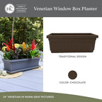 The HC Companies Venetian Window Planter Box w/Drain Plug - Long Planter Box for Windowsills, Balconies & More - Plastic Large Rectangular Planters for Herbs & Flowers (24" Chocolate, Pack of 1)