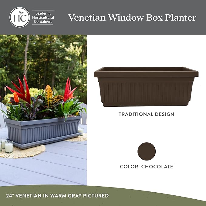 The HC Companies Venetian Window Planter Box w/Drain Plug - Long Planter Box for Windowsills, Balconies & More - Plastic Large Rectangular Planters for Herbs & Flowers (24" Chocolate, Pack of 1)
