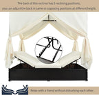 Patio Chaise Lounge, PE Rattan Outdoor Patio Wicker Sunbed Daybed with Adjustable Seats, Four-sided Canopy, Overhead Curtain and Beige Cushions for Backyard, Garden, Poolside (for 2-6 people)
