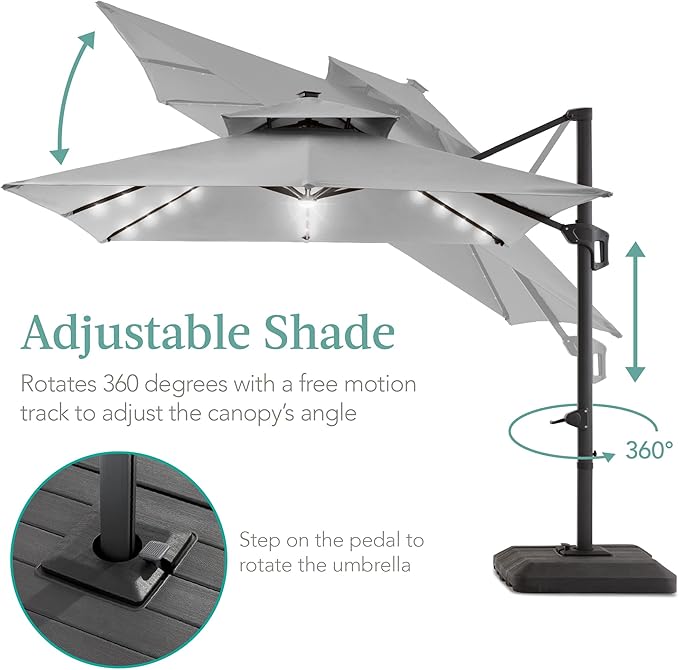 Best Choice Products 10x10ft Cantilever Patio Umbrella w/Base Included, Solar LED Lights 360 Rotation Large Offset Hanging Outdoor Shade for Deck Pool Backyard w/Stand – Fog Gray
